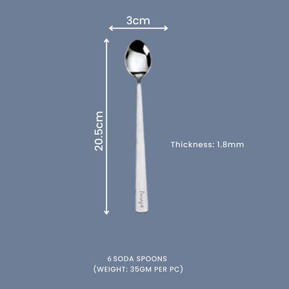 6 Pcs Stainless Steel Soda Spoon Set | 20.5 cm Long Handle Ice Cream Spoon Silver