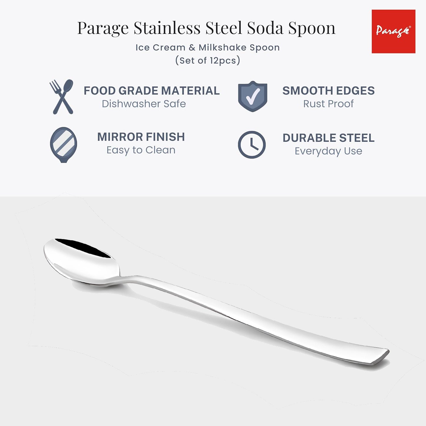 6 Pcs Stainless Steel Soda Spoon Set | 20.5 cm Long Handle Ice Cream Spoon Silver