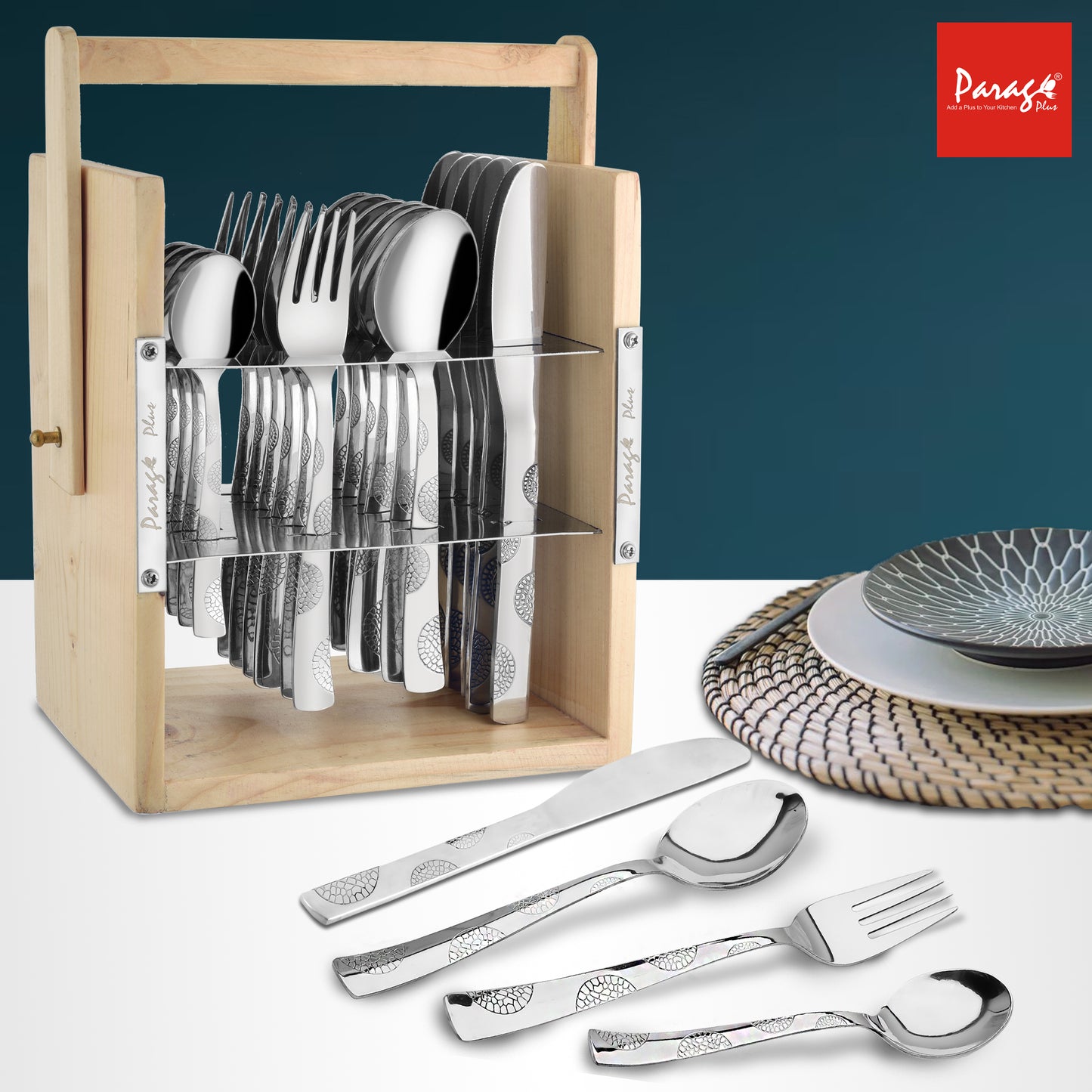 25-Piece Moonpress Stainless Steel Cutlery Set with Wooden Stand – Includes Forks, Spoons, Knives & Tea Spoons for Stylish Dining