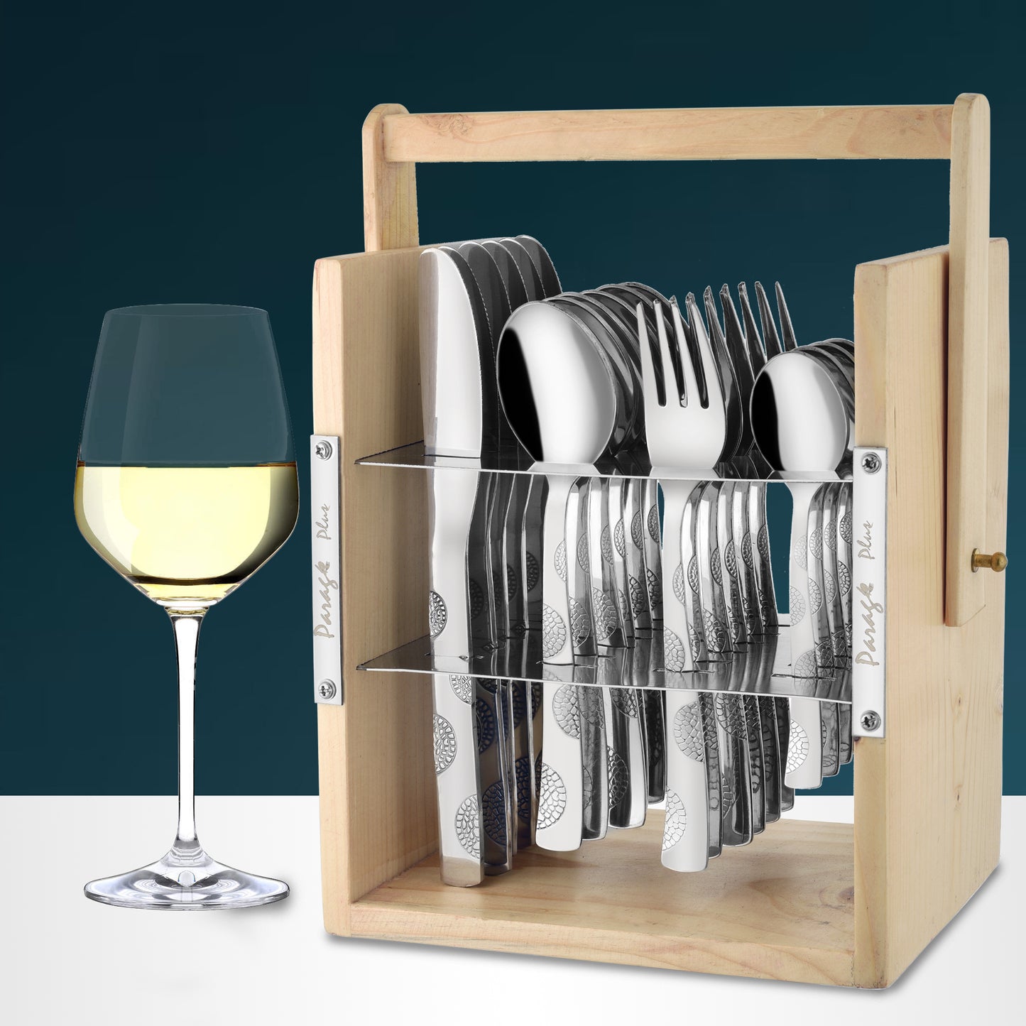 25-Piece Moonpress Stainless Steel Cutlery Set with Wooden Stand – Includes Forks, Spoons, Knives & Tea Spoons for Stylish Dining