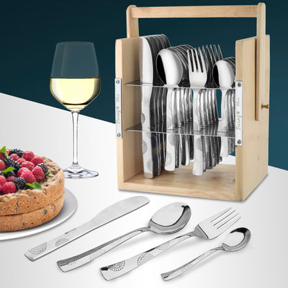 25-Piece Moonpress Stainless Steel Cutlery Set with Wooden Stand – Includes Forks, Spoons, Knives & Tea Spoons for Stylish Dining