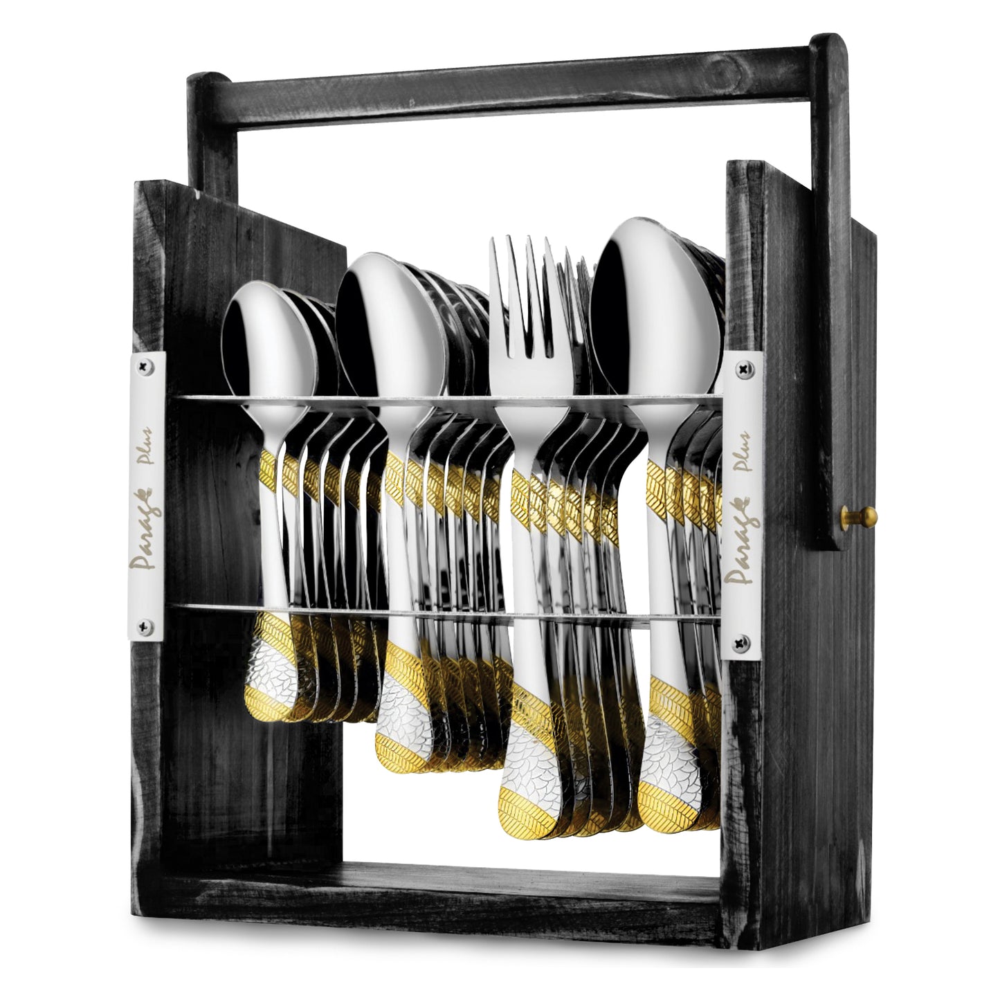 25-Piece Stainless Steel Imperial Cutlery Set with Wooden Stand | 24k Gold Plated Spoons & Forks