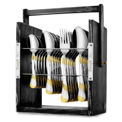 25-Piece Stainless Steel Imperial Cutlery Set with Wooden Stand | 24k Gold Plated Spoons & Forks