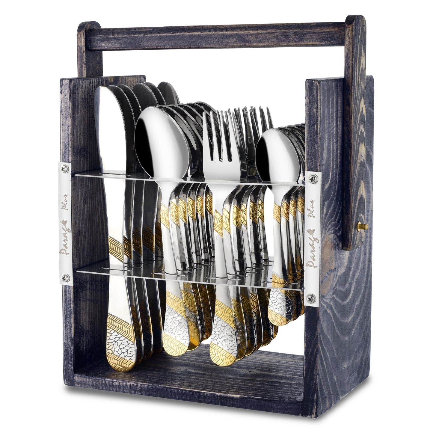 25-Piece Imperial Stainless Steel Cutlery Set with Wooden Stand – 6 Forks, 6 Spoons, 6 Knives & 24K Gold Plated Tea Spoons
