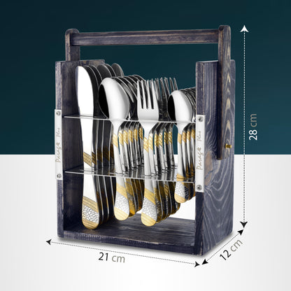 25-Piece Imperial Stainless Steel Cutlery Set with Wooden Stand – 6 Forks, 6 Spoons, 6 Knives & 24K Gold Plated Tea Spoons