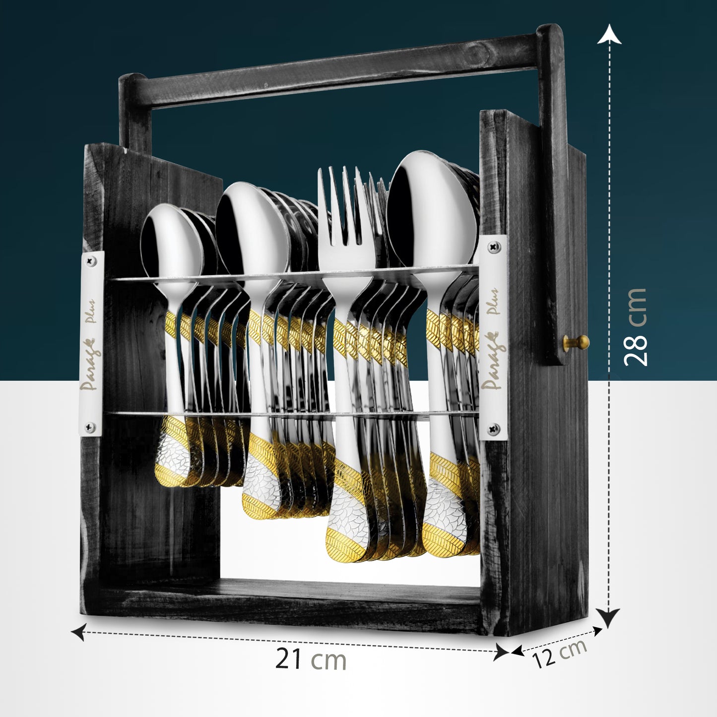 25-Piece Stainless Steel Imperial Cutlery Set with Wooden Stand | 24k Gold Plated Spoons & Forks