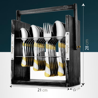 25-Piece Stainless Steel Imperial Cutlery Set with Wooden Stand | 24k Gold Plated Spoons & Forks