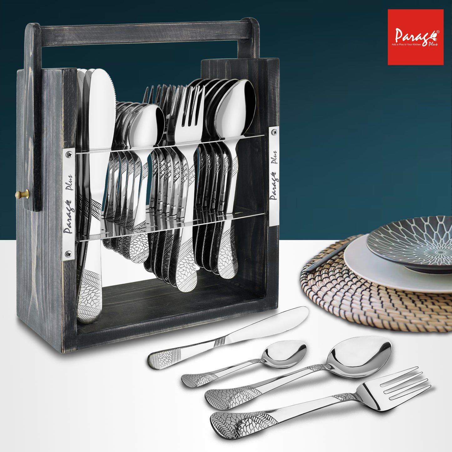 25-Piece Stainless Steel Imperial Cutlery Set | Includes 6 Tea Spoons, 6 Table Spoons, 6 Table Forks, 6 Knives - Stylish Wooden Dining Set