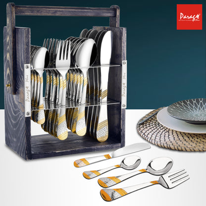 25-Piece Imperial Stainless Steel Cutlery Set with Wooden Stand – 6 Forks, 6 Spoons, 6 Knives & 24K Gold Plated Tea Spoons