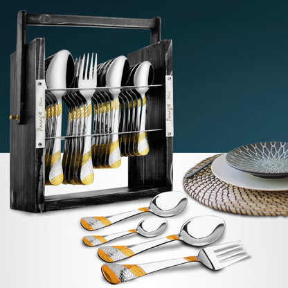 25-Piece Stainless Steel Imperial Cutlery Set with Wooden Stand | 24k Gold Plated Spoons & Forks