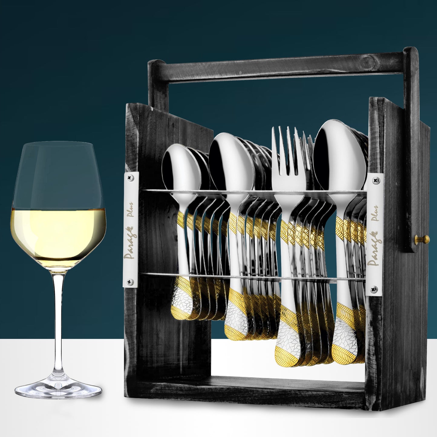 25-Piece Stainless Steel Imperial Cutlery Set with Wooden Stand | 24k Gold Plated Spoons & Forks