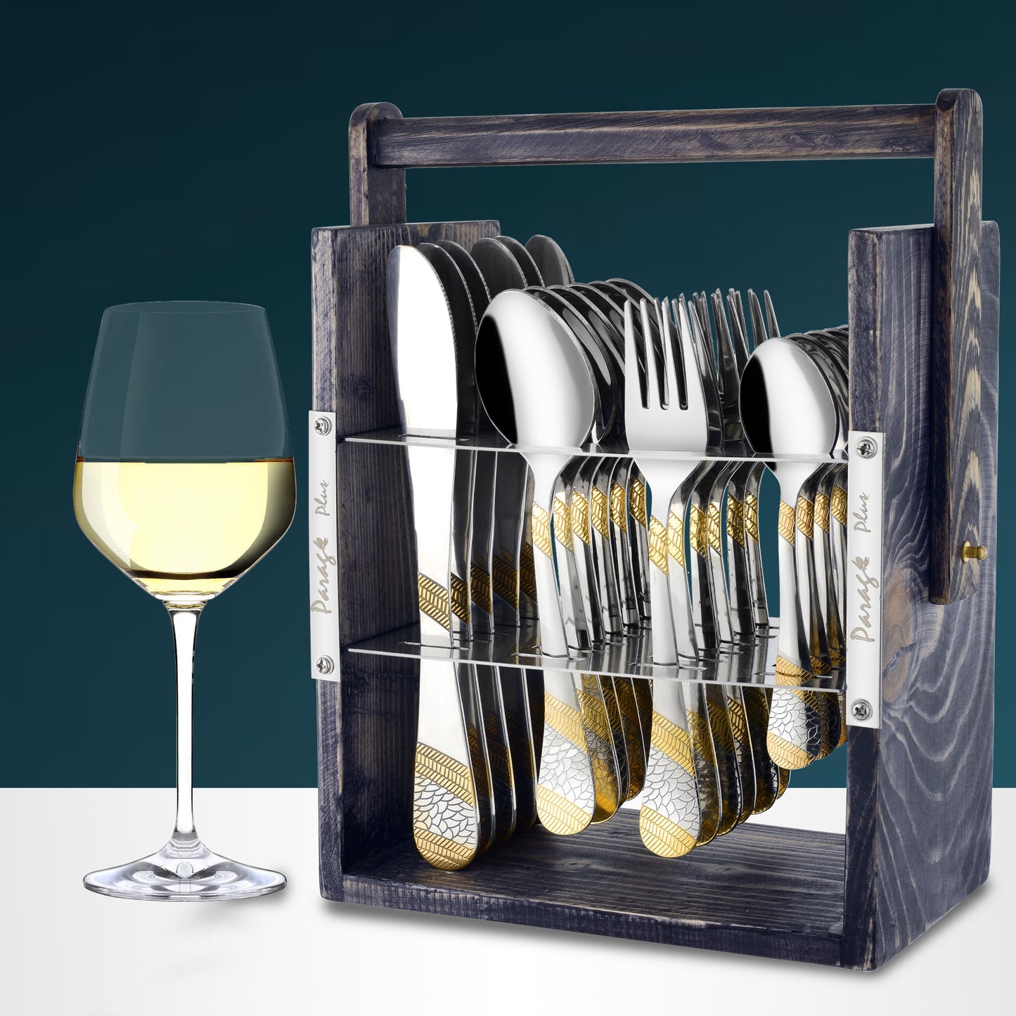 25-Piece Imperial Stainless Steel Cutlery Set with Wooden Stand – 6 Forks, 6 Spoons, 6 Knives & 24K Gold Plated Tea Spoons