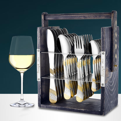 25-Piece Imperial Stainless Steel Cutlery Set with Wooden Stand – 6 Forks, 6 Spoons, 6 Knives & 24K Gold Plated Tea Spoons