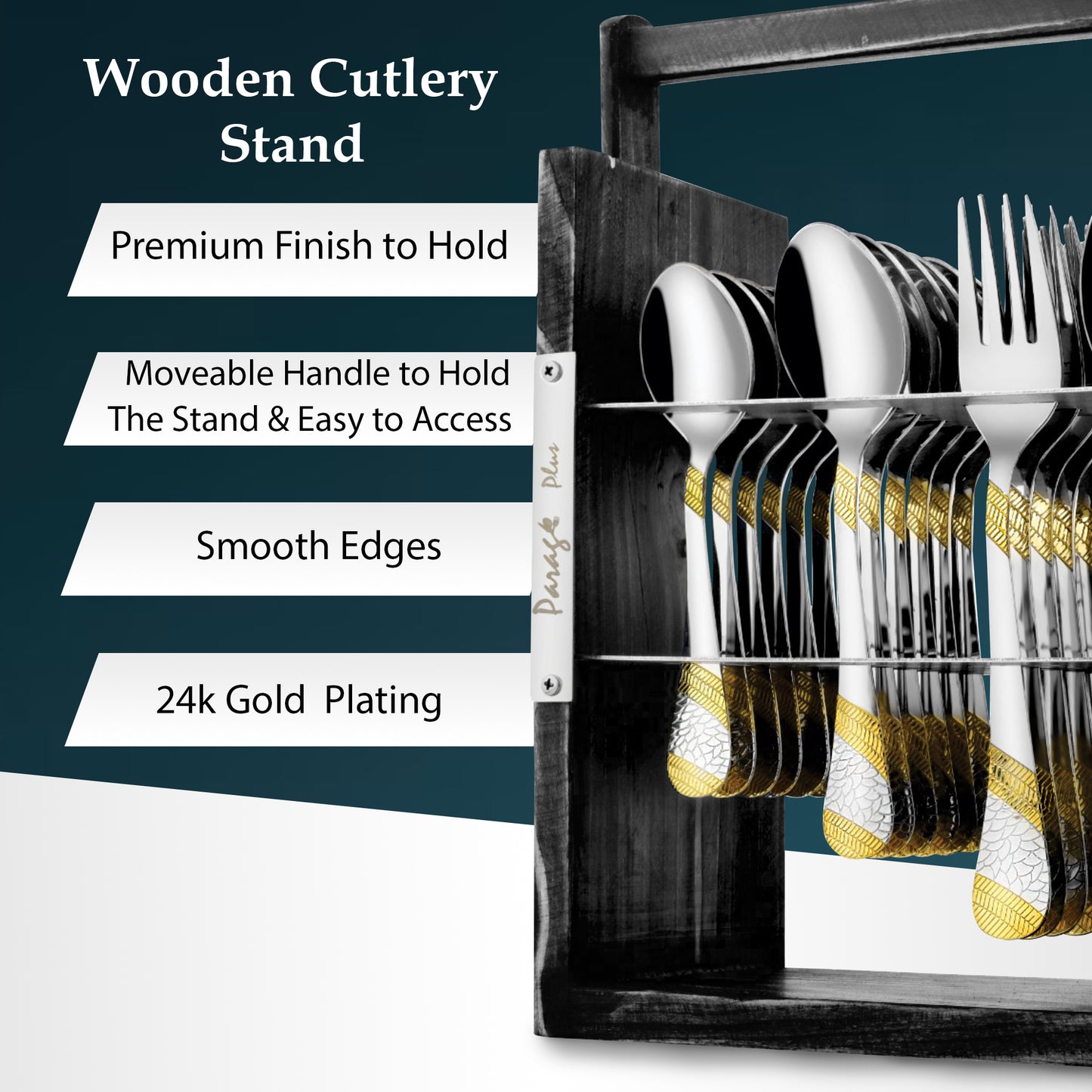 25-Piece Stainless Steel Imperial Cutlery Set with Wooden Stand | 24k Gold Plated Spoons & Forks