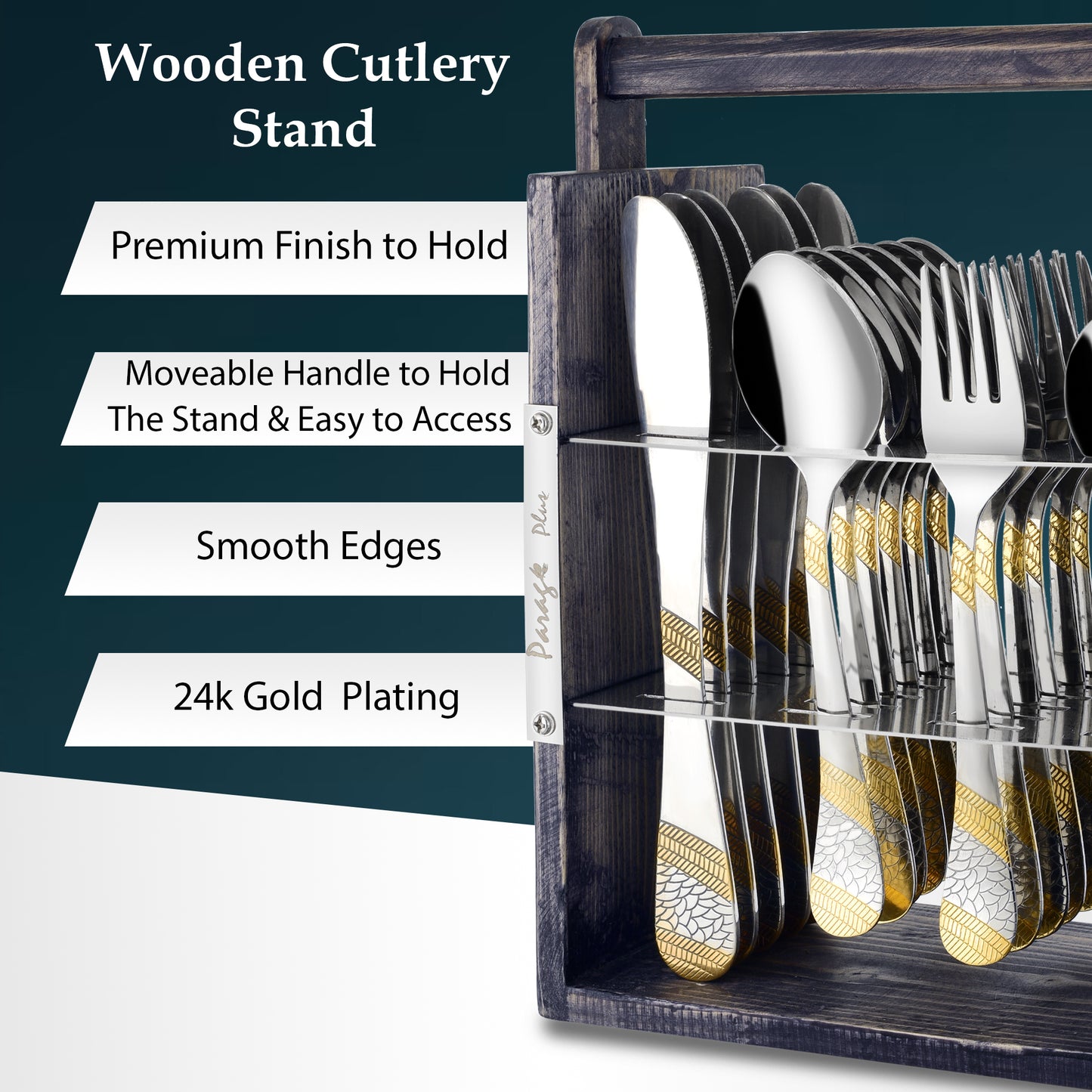 25-Piece Imperial Stainless Steel Cutlery Set with Wooden Stand – 6 Forks, 6 Spoons, 6 Knives & 24K Gold Plated Tea Spoons