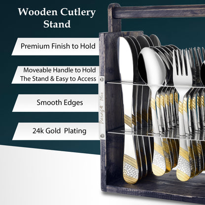 25-Piece Imperial Stainless Steel Cutlery Set with Wooden Stand – 6 Forks, 6 Spoons, 6 Knives & 24K Gold Plated Tea Spoons