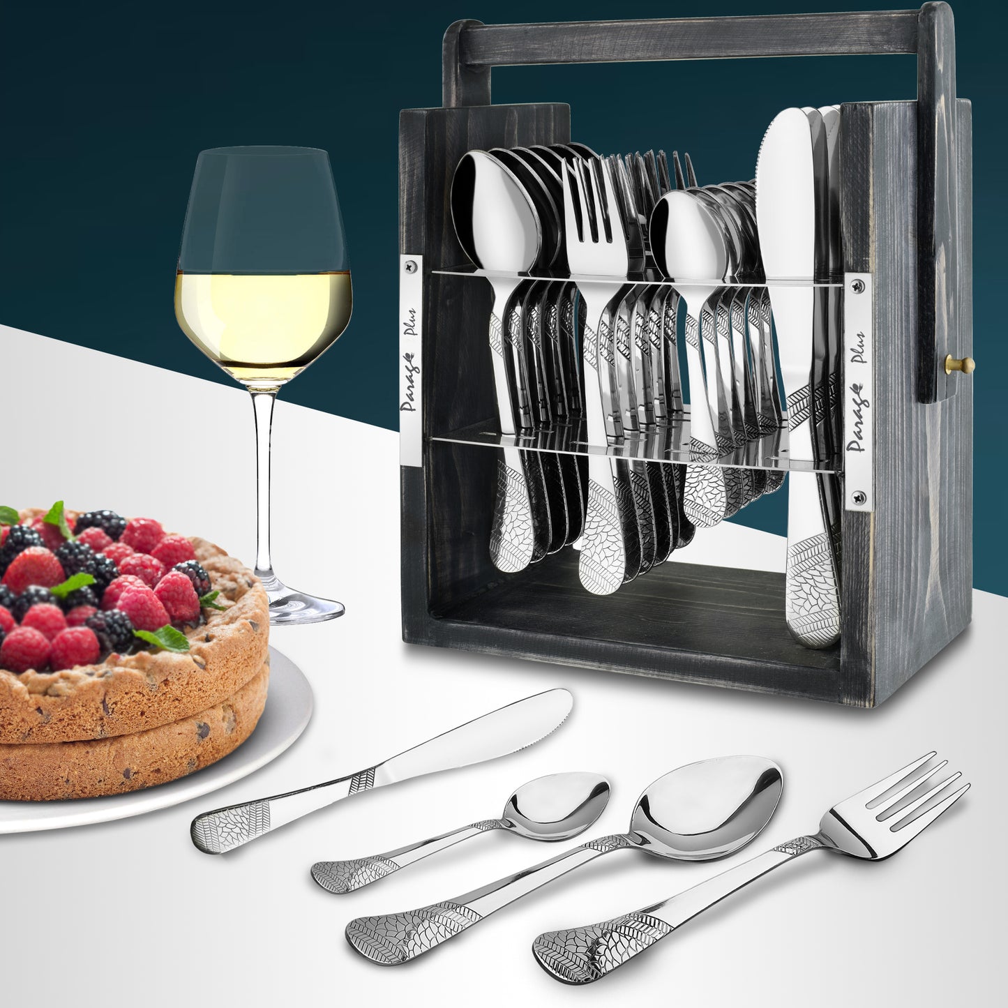 25-Piece Stainless Steel Imperial Cutlery Set | Includes 6 Tea Spoons, 6 Table Spoons, 6 Table Forks, 6 Knives - Stylish Wooden Dining Set