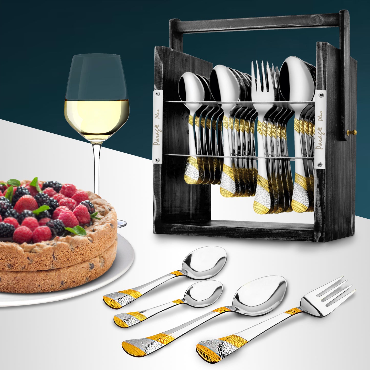 25-Piece Stainless Steel Imperial Cutlery Set with Wooden Stand | 24k Gold Plated Spoons & Forks