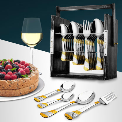25-Piece Stainless Steel Imperial Cutlery Set with Wooden Stand | 24k Gold Plated Spoons & Forks