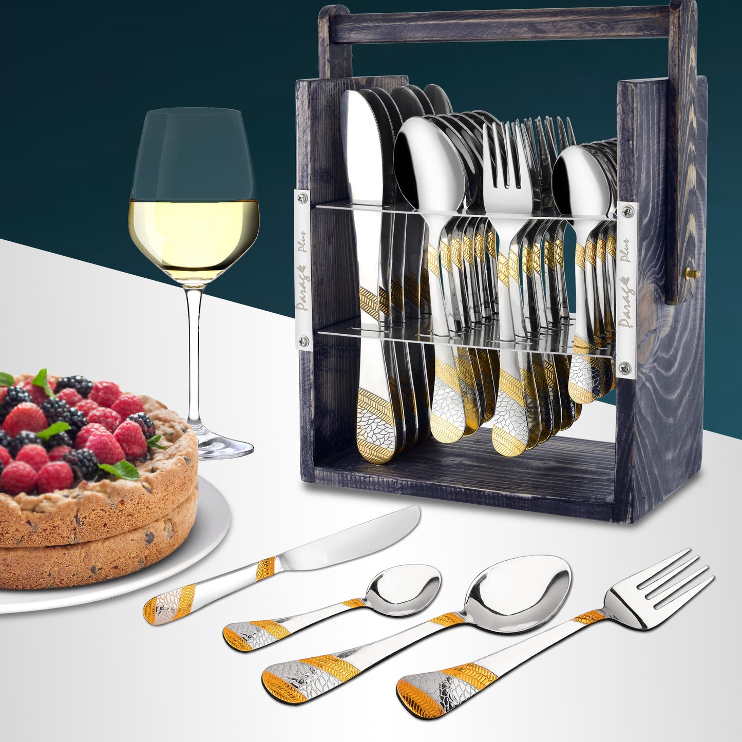 25-Piece Imperial Stainless Steel Cutlery Set with Wooden Stand – 6 Forks, 6 Spoons, 6 Knives & 24K Gold Plated Tea Spoons