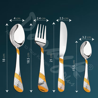 25-Piece Imperial Stainless Steel Cutlery Set with Wooden Stand – 6 Forks, 6 Spoons, 6 Knives & 24K Gold Plated Tea Spoons