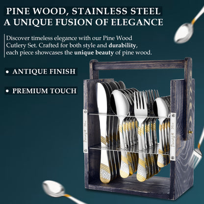 25-Piece Imperial Stainless Steel Cutlery Set with Wooden Stand – 6 Forks, 6 Spoons, 6 Knives & 24K Gold Plated Tea Spoons