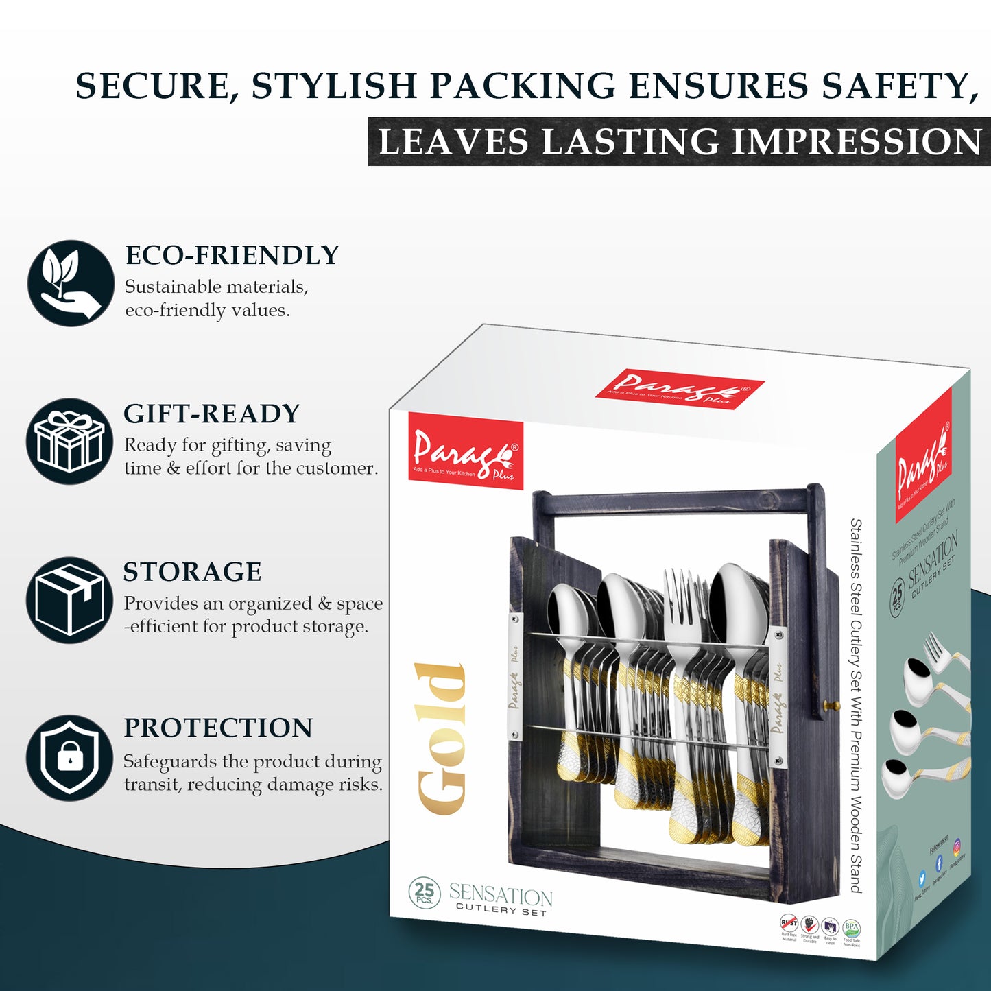 25-Piece Imperial Stainless Steel Cutlery Set with Wooden Stand – 6 Forks, 6 Spoons, 6 Knives & 24K Gold Plated Tea Spoons