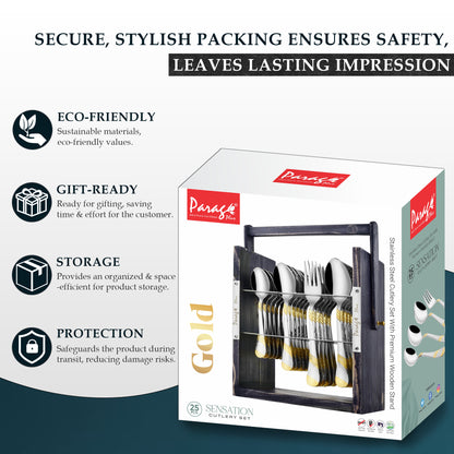 25-Piece Imperial Stainless Steel Cutlery Set with Wooden Stand – 6 Forks, 6 Spoons, 6 Knives & 24K Gold Plated Tea Spoons