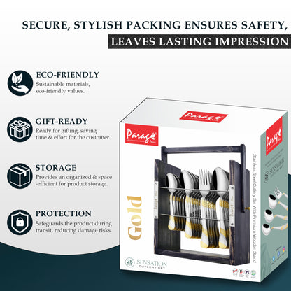 25-Piece Stainless Steel Imperial Cutlery Set with Wooden Stand | 24k Gold Plated Spoons & Forks