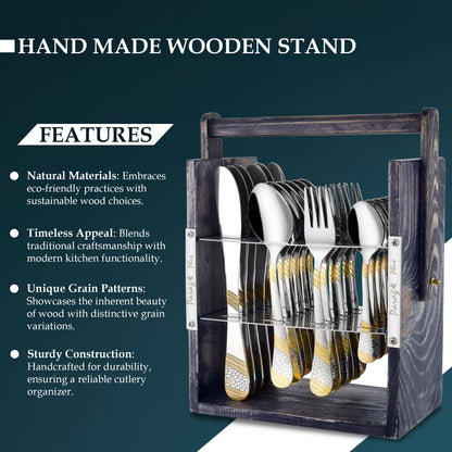 25-Piece Imperial Stainless Steel Cutlery Set with Wooden Stand – 6 Forks, 6 Spoons, 6 Knives & 24K Gold Plated Tea Spoons