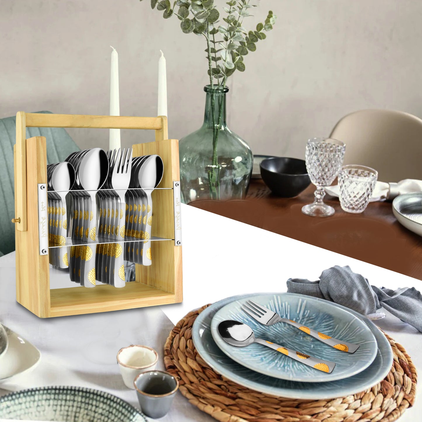 25-Piece Stainless Steel Cutlery Set with Wooden Stand | 24k Gold Plated Spoons & Forks