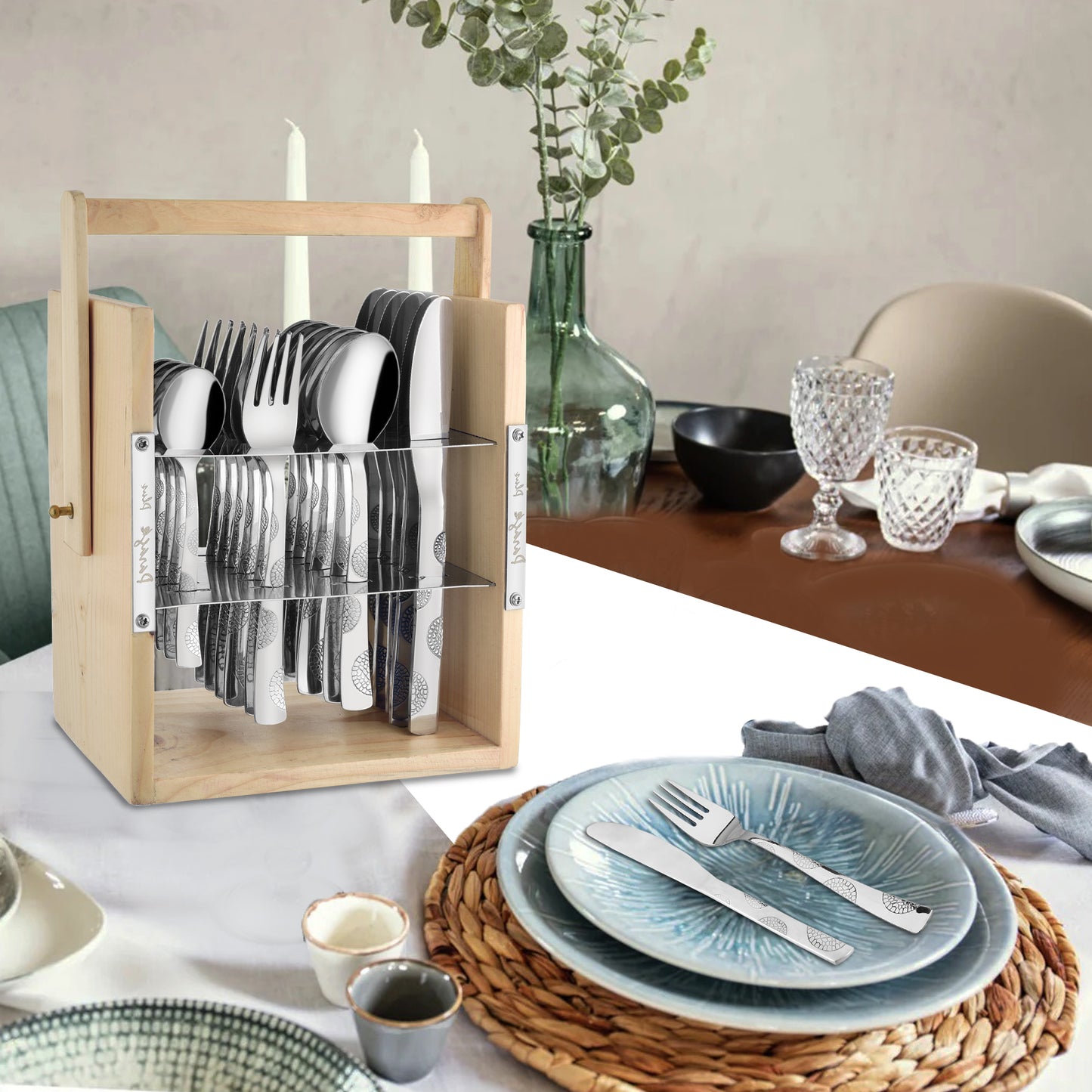 25-Piece Moonpress Stainless Steel Cutlery Set with Wooden Stand – Includes Forks, Spoons, Knives & Tea Spoons for Stylish Dining