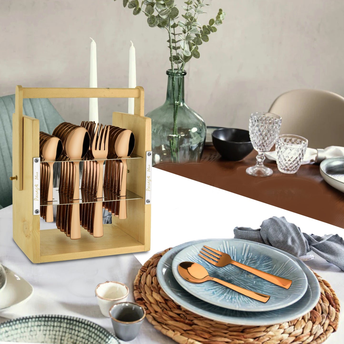 25-Piece Stainless Steel Cutlery Set with Wooden Stand, Premium Rose Gold Spoon Set