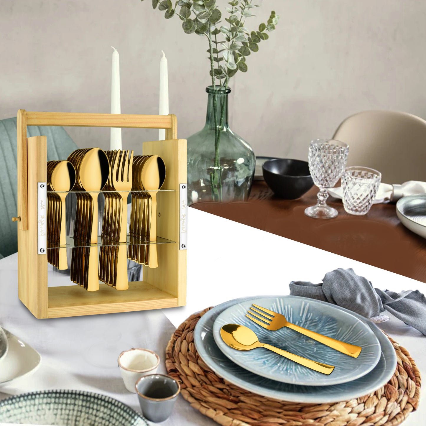 25-Piece Moonpress Stainless Steel Cutlery Set | 6 Tea Spoons, 6 Table Spoons, 6 Forks, 6 Dinner Spoons - Stylish Wooden Stand for Dining