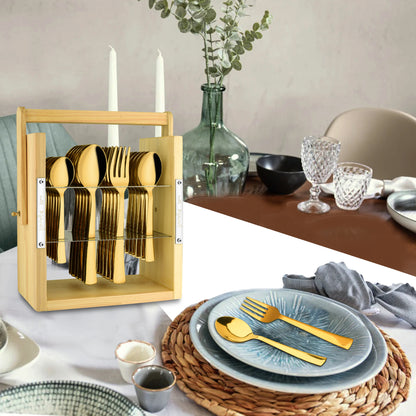 25-Piece Moonpress Stainless Steel Cutlery Set | 6 Tea Spoons, 6 Table Spoons, 6 Forks, 6 Dinner Spoons - Stylish Wooden Stand for Dining