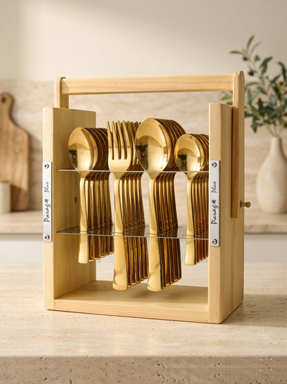 Cutlery Set | Stainless Steel | Gold | Imperial | Wooden Stand