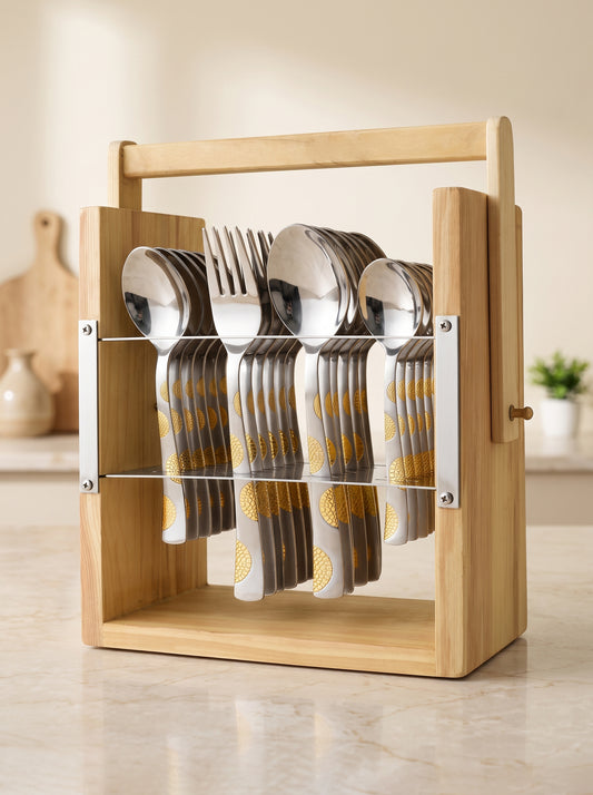 Cutlery Set | Stainless Steel | Gold | Wooden Stand