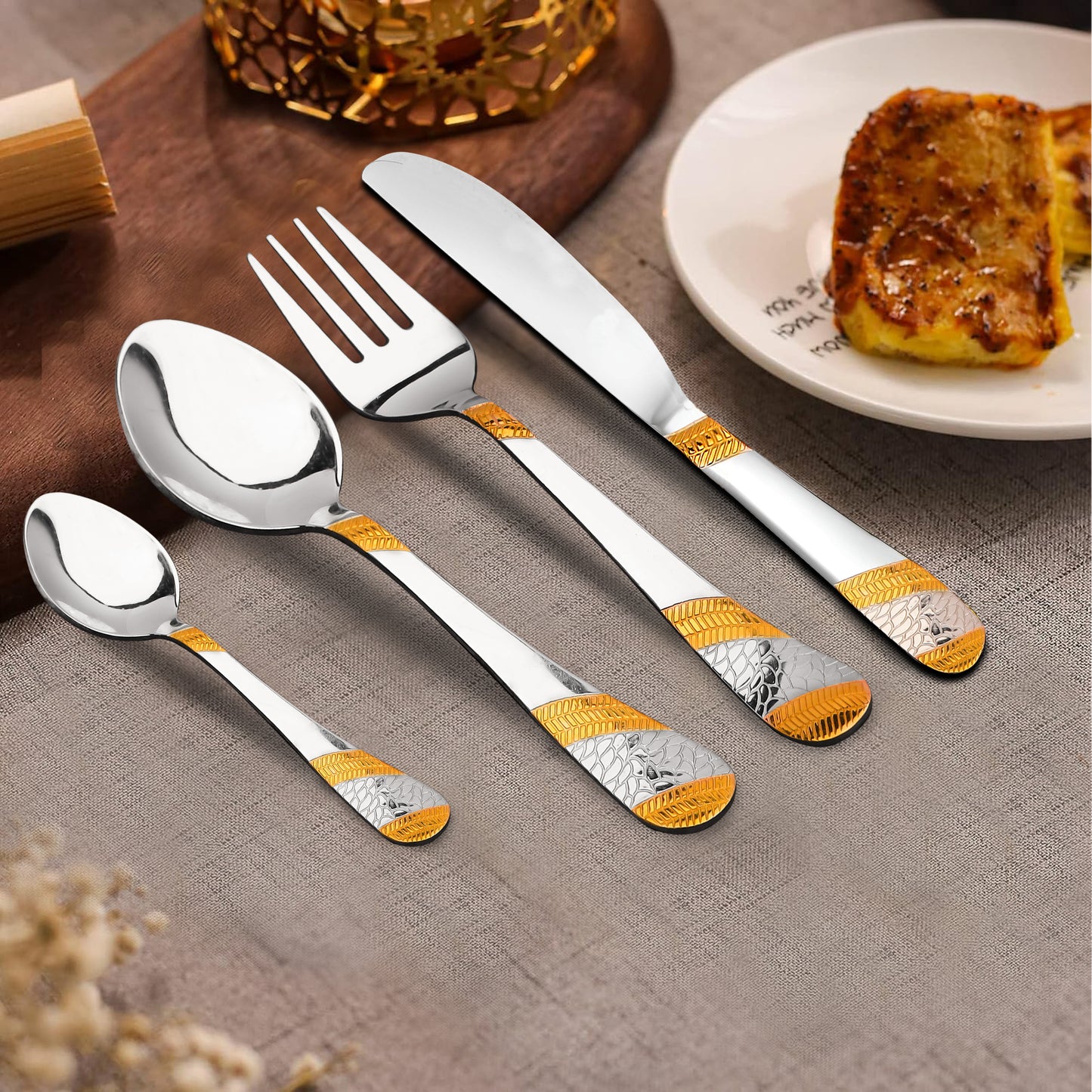 25-Piece Imperial Stainless Steel Cutlery Set with Wooden Stand – 6 Forks, 6 Spoons, 6 Knives & 24K Gold Plated Tea Spoons