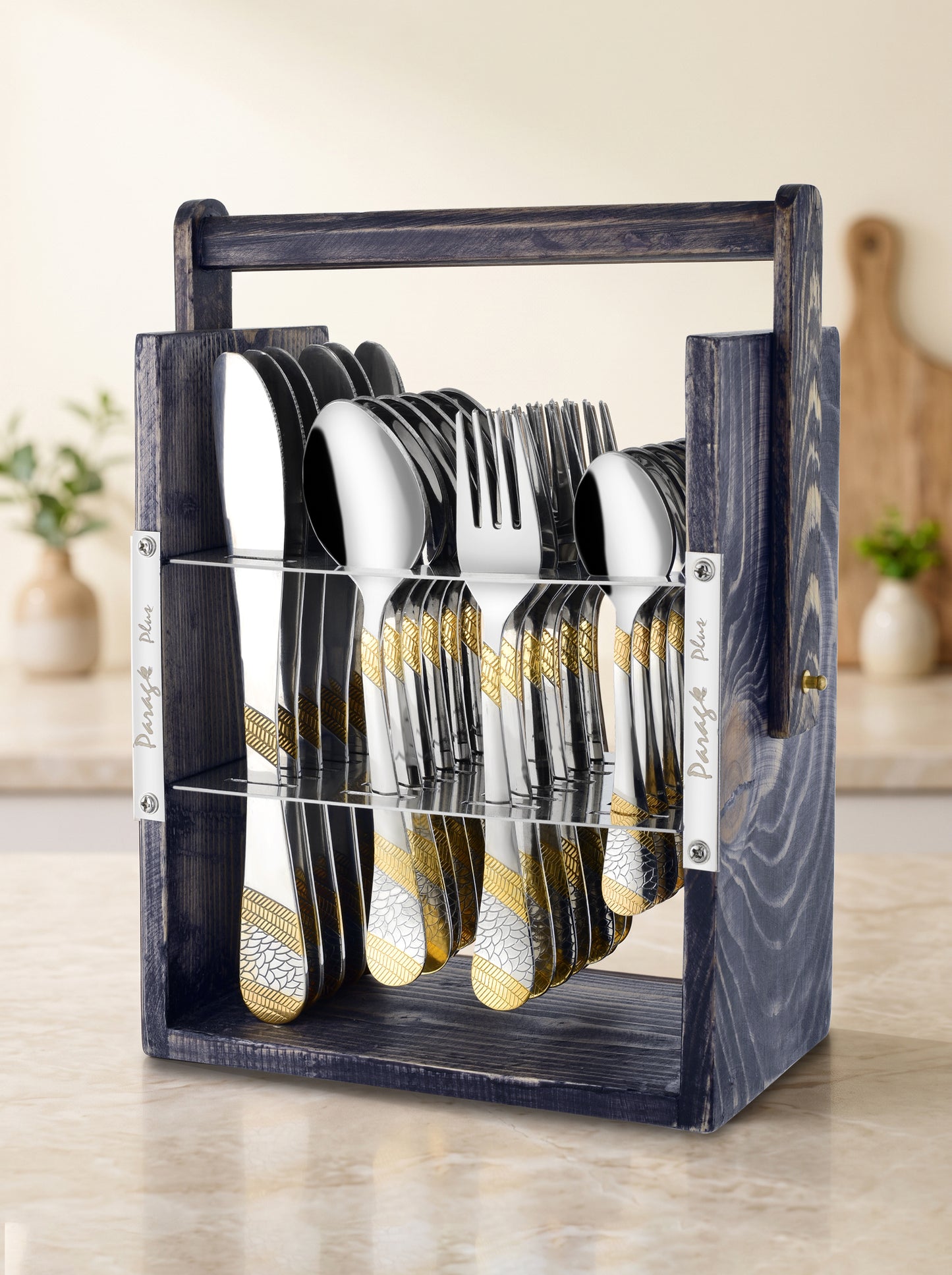Cutlery Set | Stainless Steel | Gold | Wooden Stand Imperial