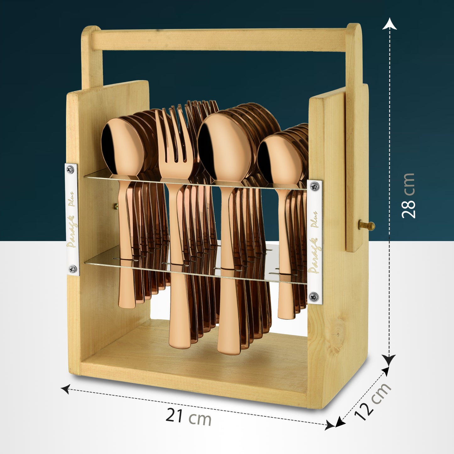 25-Piece Stainless Steel Cutlery Set with Wooden Stand, Premium Rose Gold Spoon Set