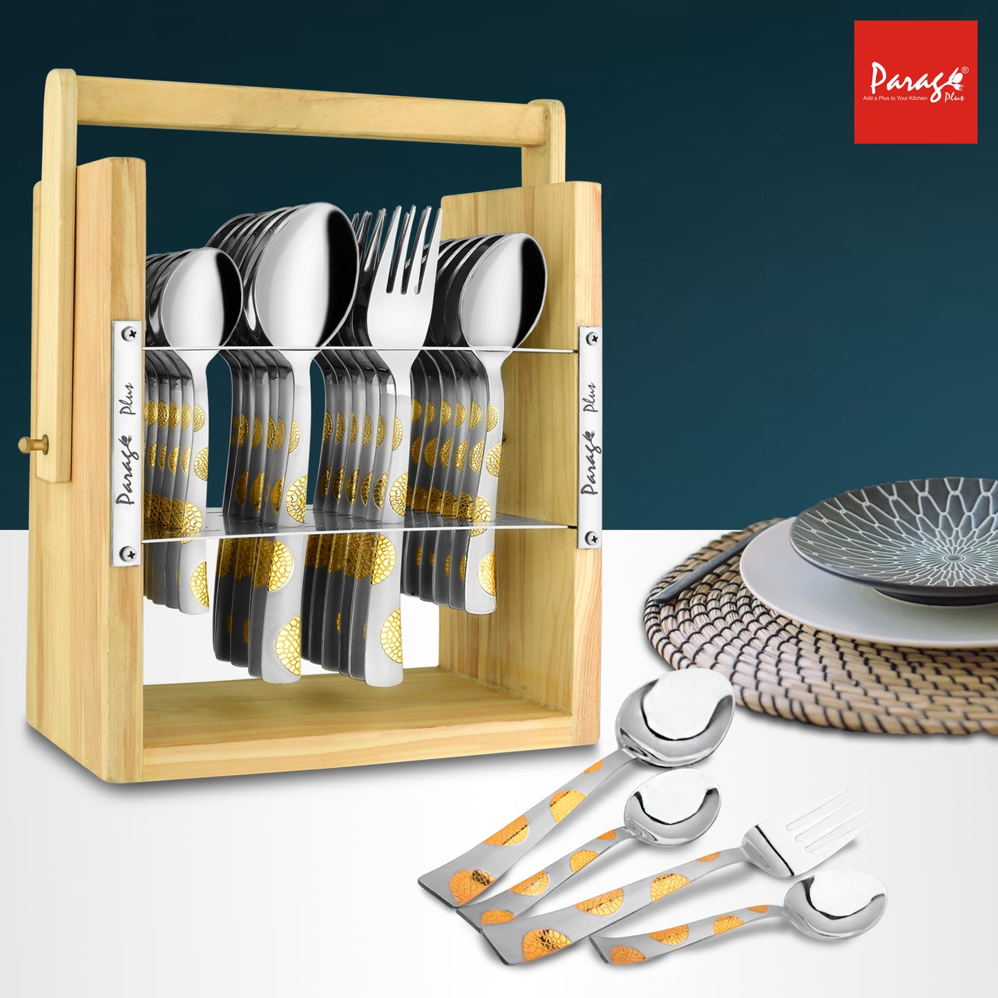 25-Piece Stainless Steel Cutlery Set with Wooden Stand | 24k Gold Plated Spoons & Forks
