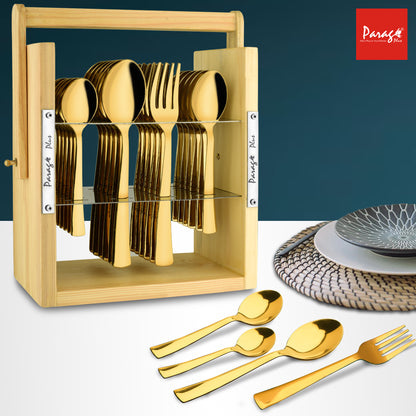 25-Piece Moonpress Stainless Steel Cutlery Set | 6 Tea Spoons, 6 Table Spoons, 6 Forks, 6 Dinner Spoons - Stylish Wooden Stand for Dining