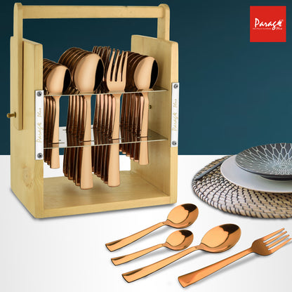 25-Piece Stainless Steel Cutlery Set with Wooden Stand, Premium Rose Gold Spoon Set