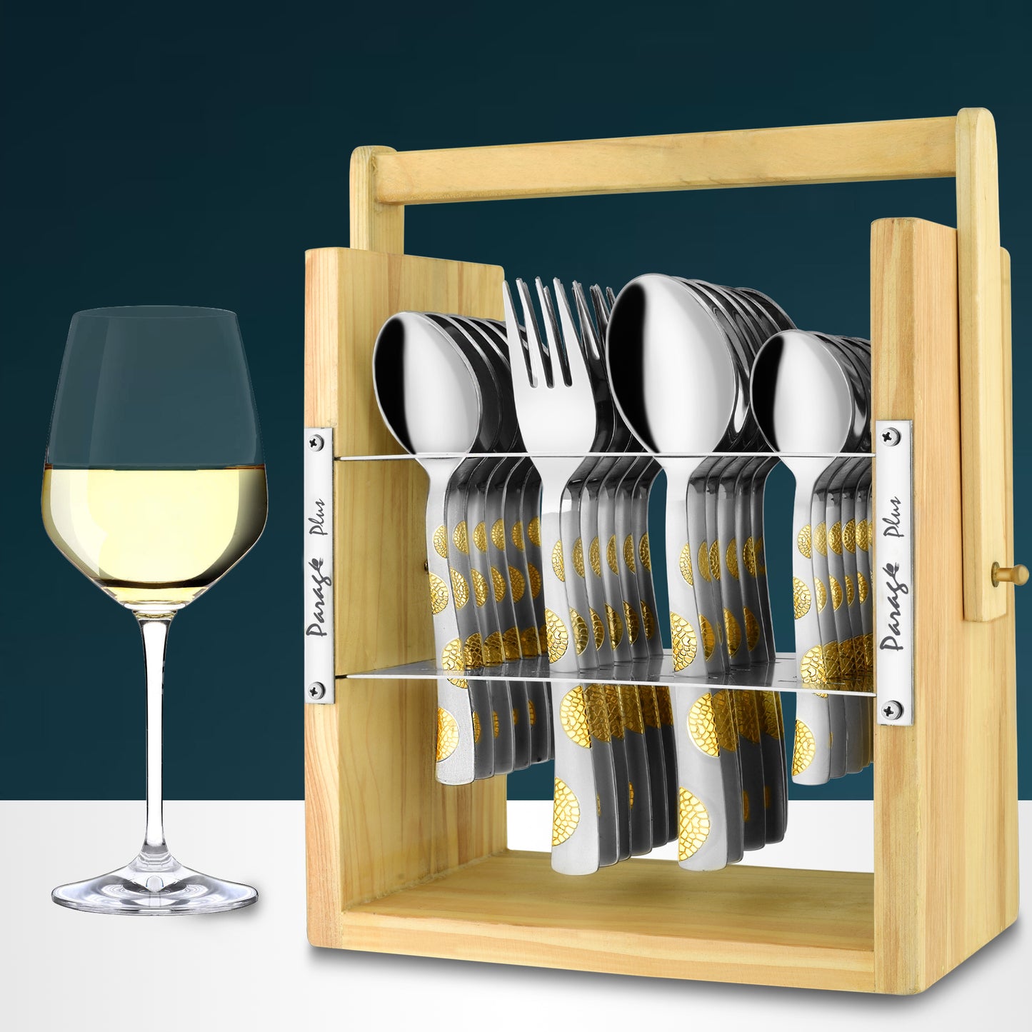 25-Piece Stainless Steel Cutlery Set with Wooden Stand | 24k Gold Plated Spoons & Forks