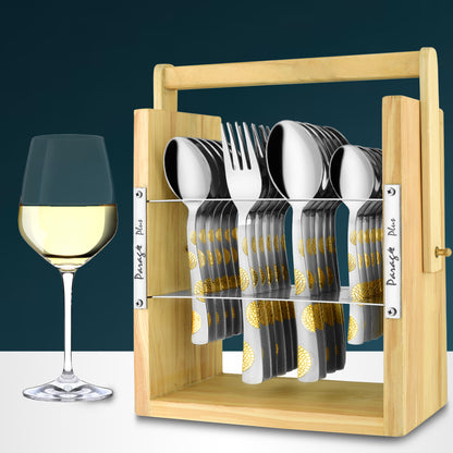 25-Piece Stainless Steel Cutlery Set with Wooden Stand | 24k Gold Plated Spoons & Forks