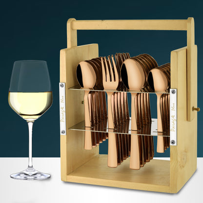 25-Piece Stainless Steel Cutlery Set with Wooden Stand, Premium Rose Gold Spoon Set