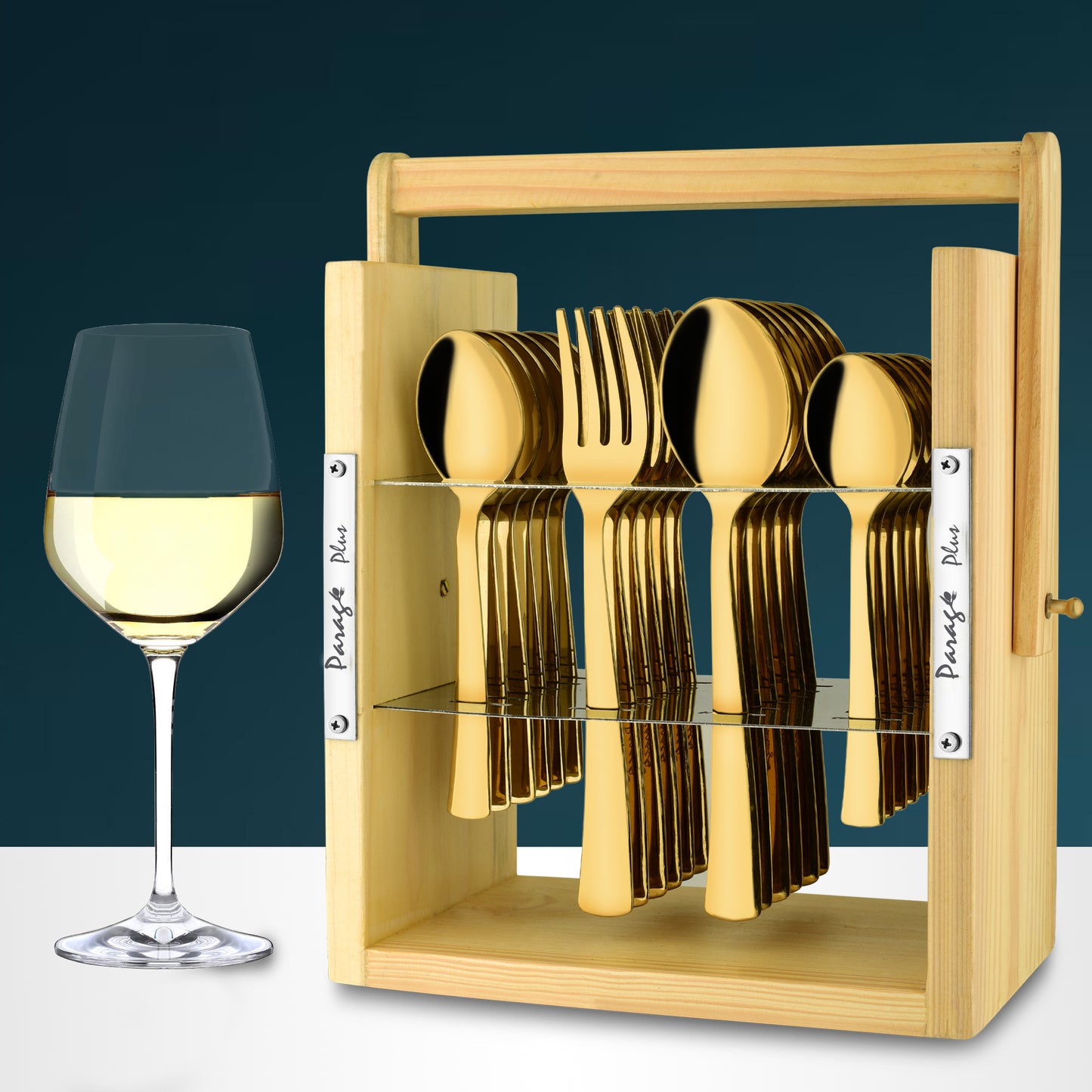 25-Piece Moonpress Stainless Steel Cutlery Set | 6 Tea Spoons, 6 Table Spoons, 6 Forks, 6 Dinner Spoons - Stylish Wooden Stand for Dining
