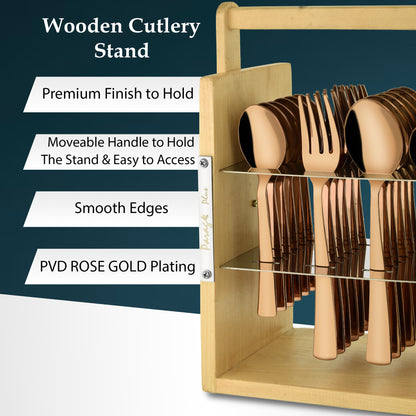 25-Piece Stainless Steel Cutlery Set with Wooden Stand, Premium Rose Gold Spoon Set