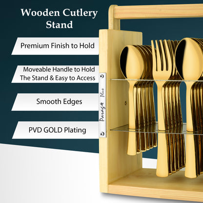 25-Piece Moonpress Stainless Steel Cutlery Set | 6 Tea Spoons, 6 Table Spoons, 6 Forks, 6 Dinner Spoons - Stylish Wooden Stand for Dining
