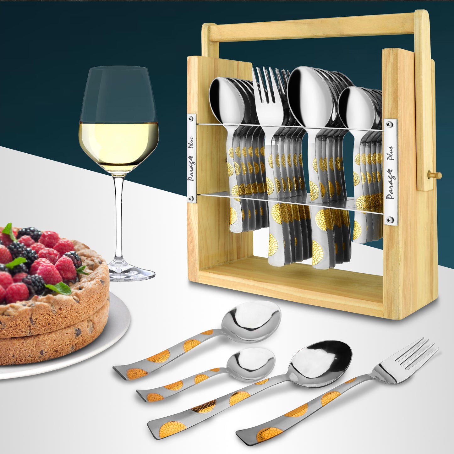 25-Piece Stainless Steel Cutlery Set with Wooden Stand | 24k Gold Plated Spoons & Forks